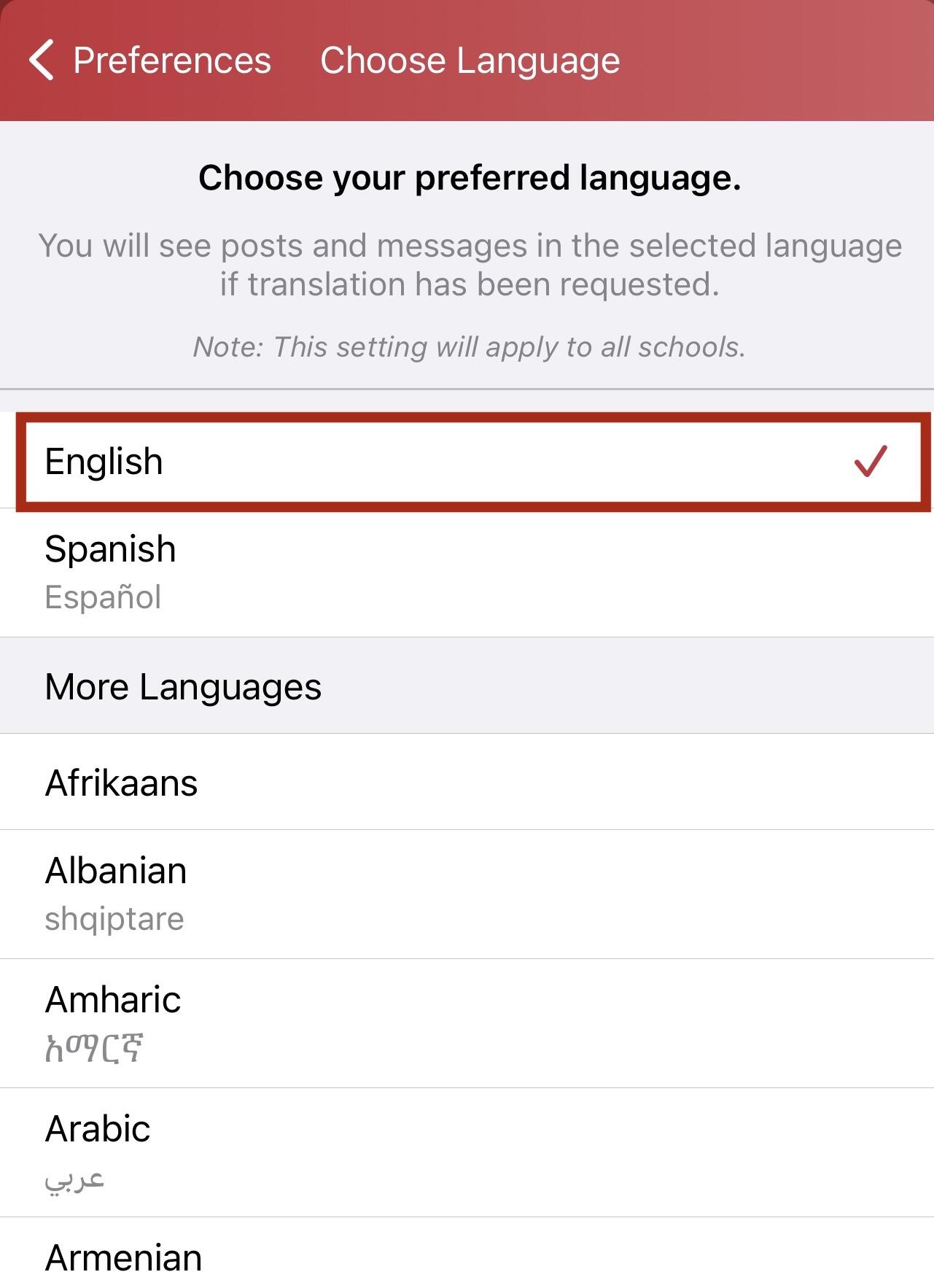 انتخاب زبان در ParentSquare