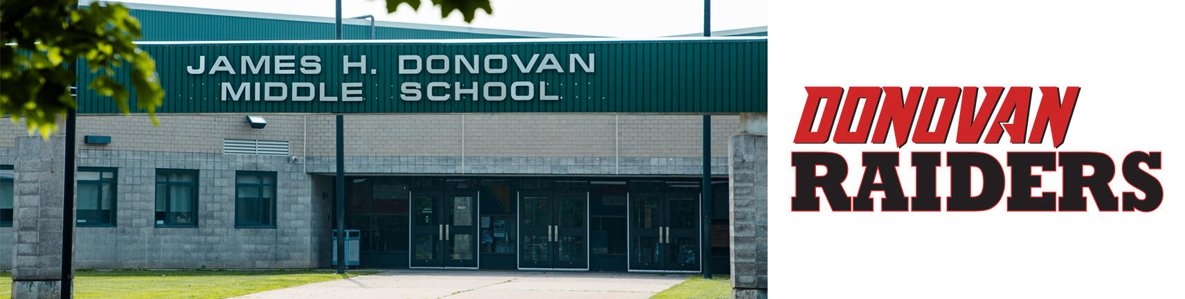 تصویر ساختمان مدرسه داناوان و لوگوی Donovan Raiders